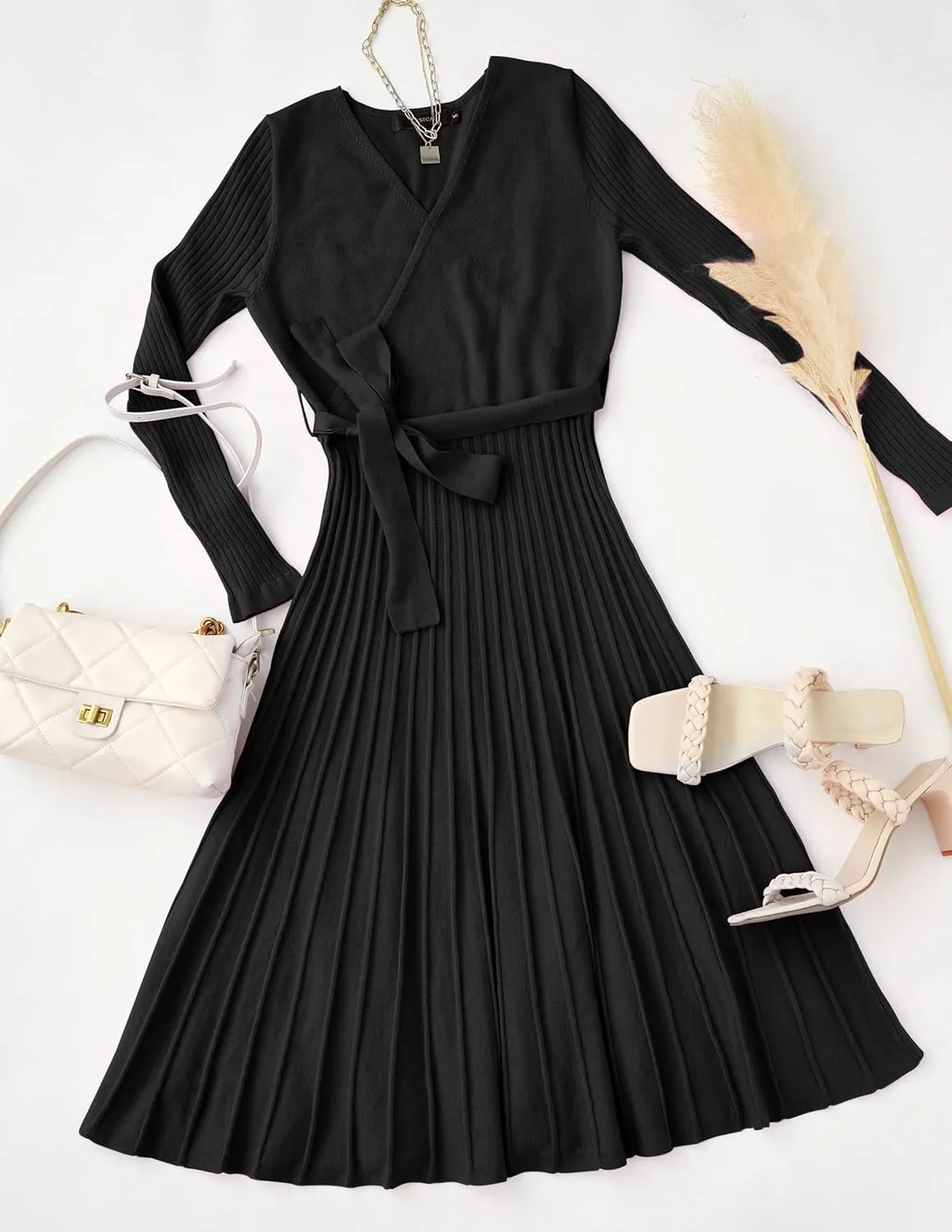 ZESICA Women's Fall Long Sleeve Wrap V Neck Ribbed Knit Pleated A Line Pullover Sweater Dress with Belt