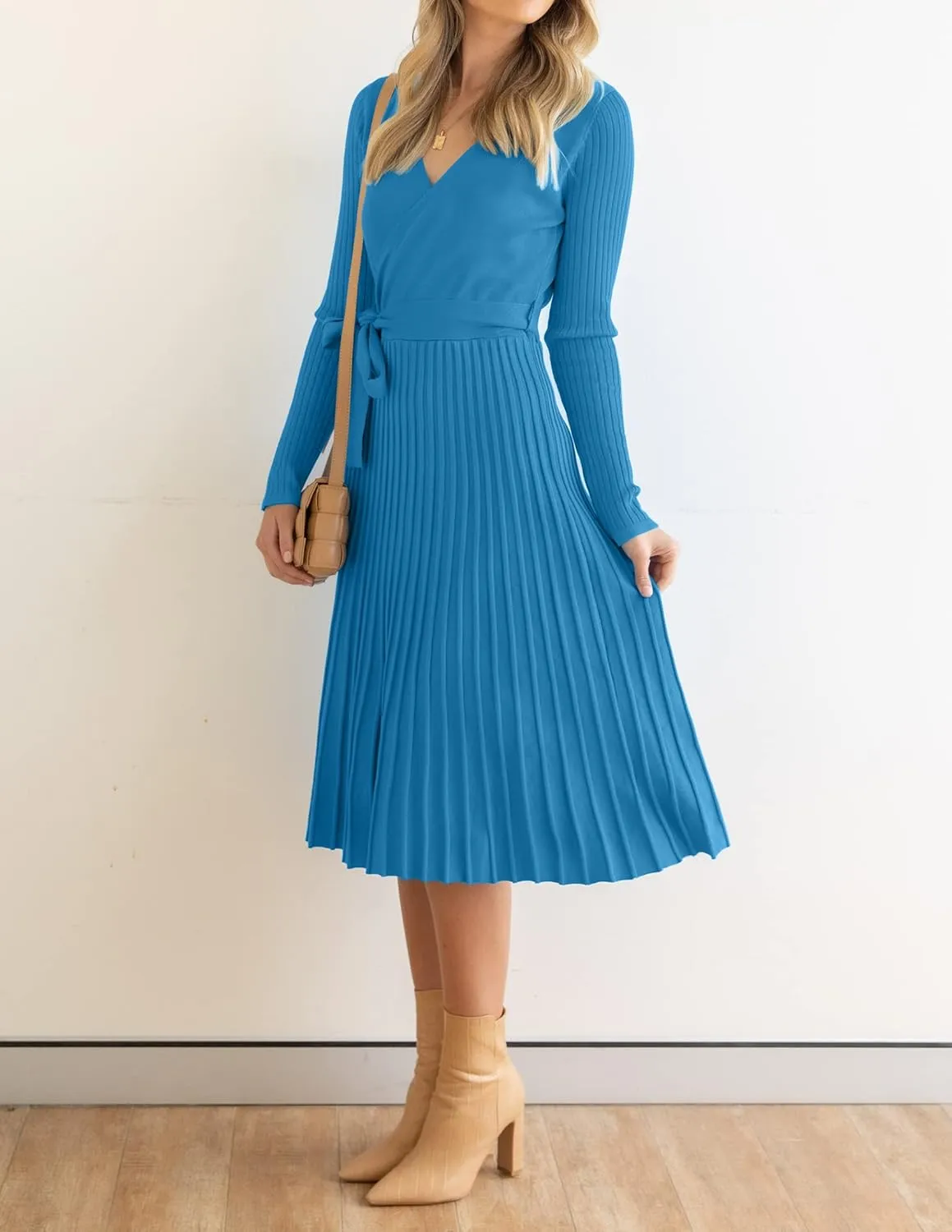 ZESICA Women's Fall Long Sleeve Wrap V Neck Ribbed Knit Pleated A Line Pullover Sweater Dress with Belt