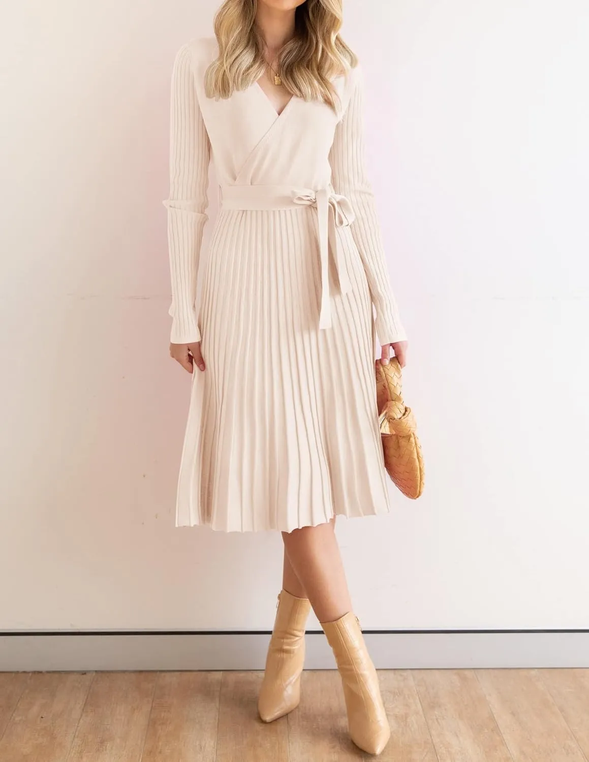ZESICA Women's Fall Long Sleeve Wrap V Neck Ribbed Knit Pleated A Line Pullover Sweater Dress with Belt