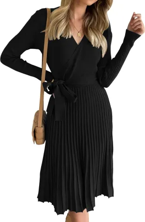 ZESICA Women's Fall Long Sleeve Wrap V Neck Ribbed Knit Pleated A Line Pullover Sweater Dress with Belt