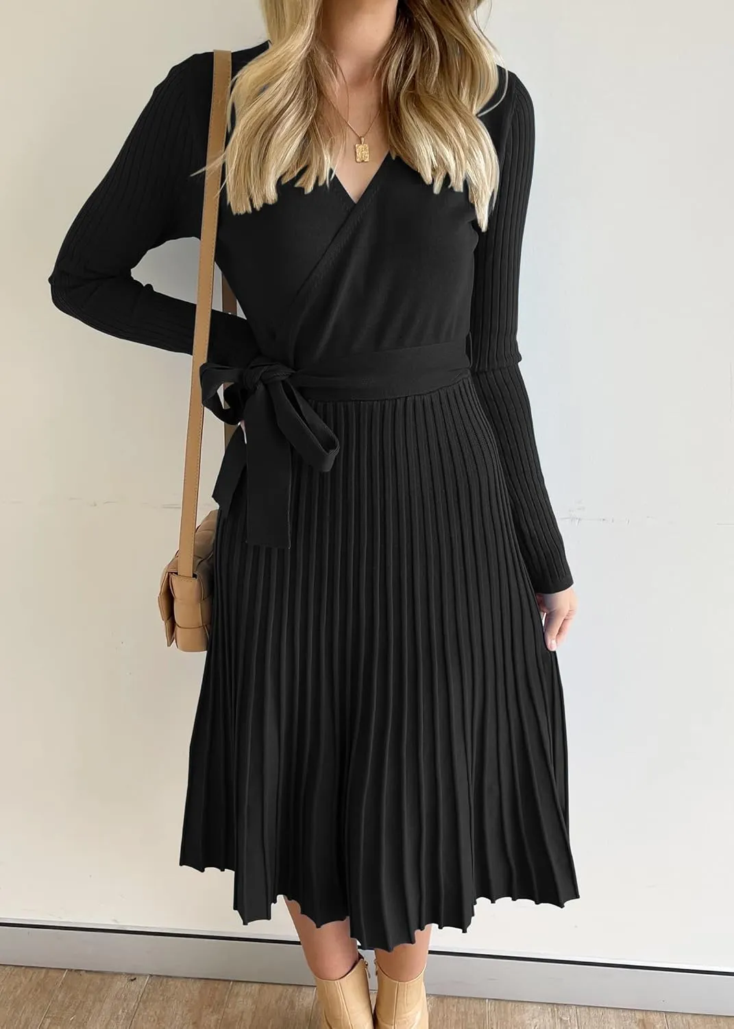 ZESICA Women's Fall Long Sleeve Wrap V Neck Ribbed Knit Pleated A Line Pullover Sweater Dress with Belt