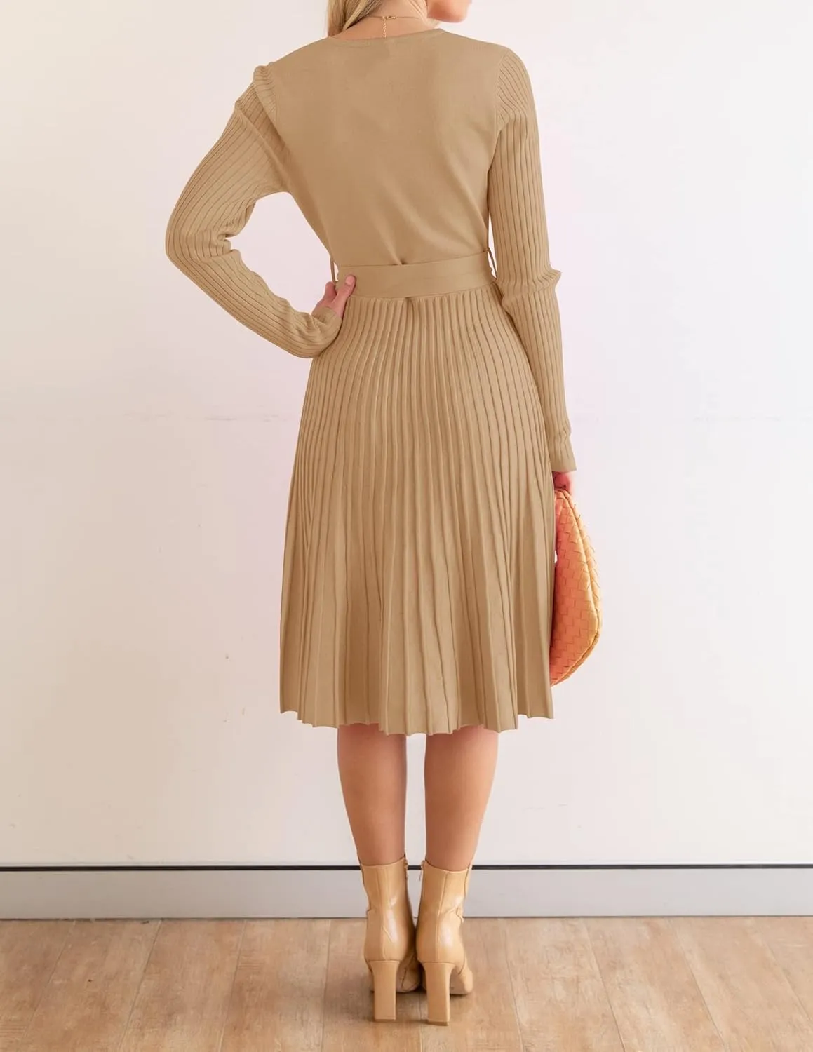ZESICA Women's Fall Long Sleeve Wrap V Neck Ribbed Knit Pleated A Line Pullover Sweater Dress with Belt
