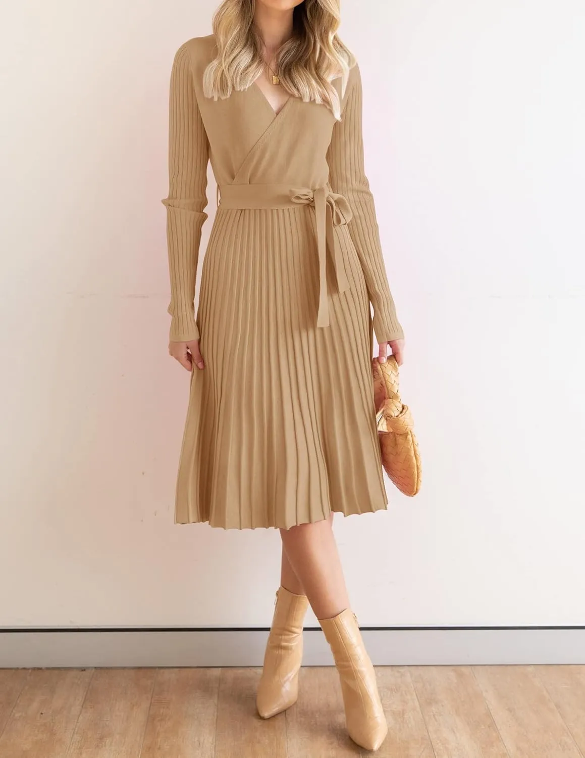 ZESICA Women's Fall Long Sleeve Wrap V Neck Ribbed Knit Pleated A Line Pullover Sweater Dress with Belt