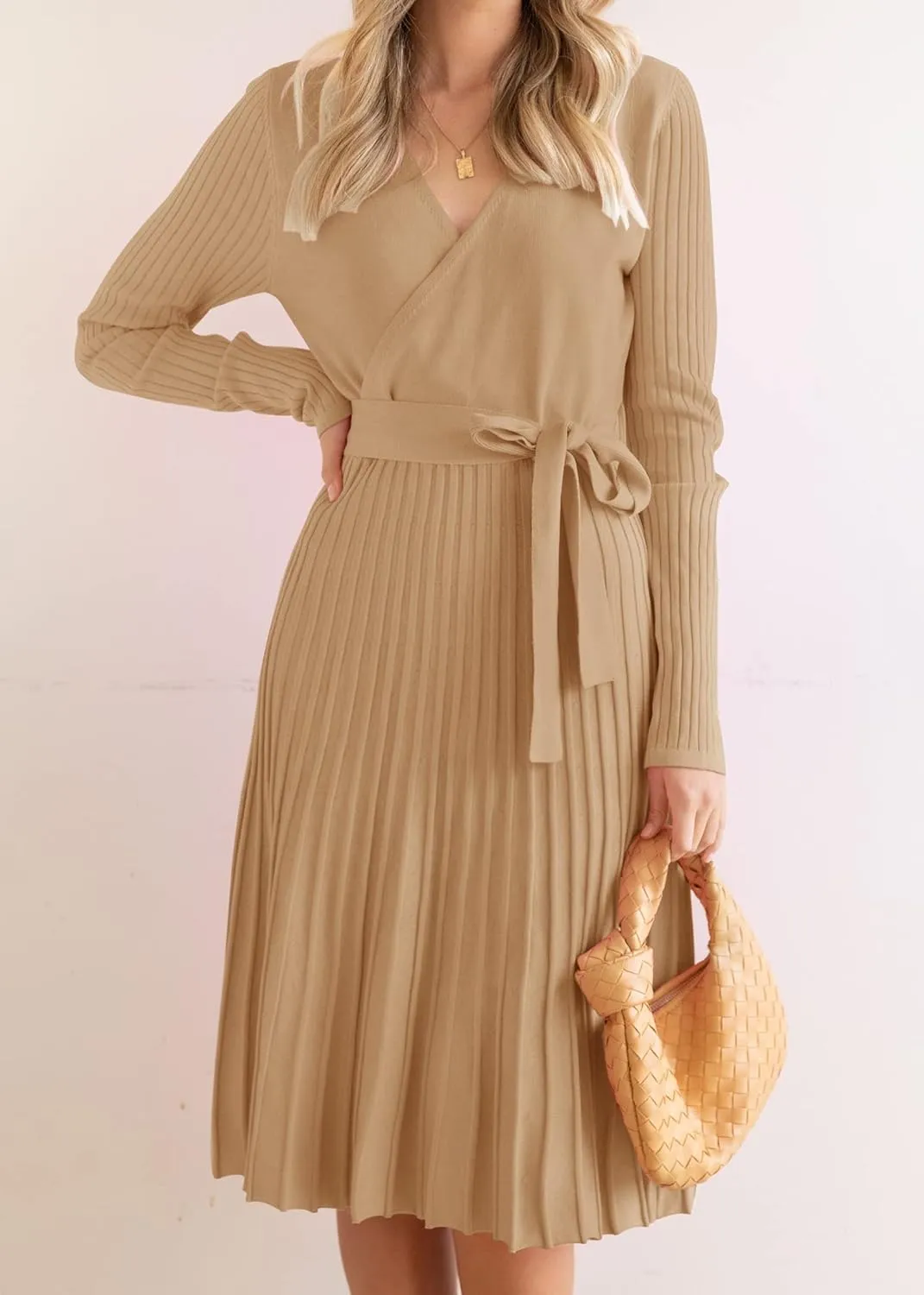 ZESICA Women's Fall Long Sleeve Wrap V Neck Ribbed Knit Pleated A Line Pullover Sweater Dress with Belt