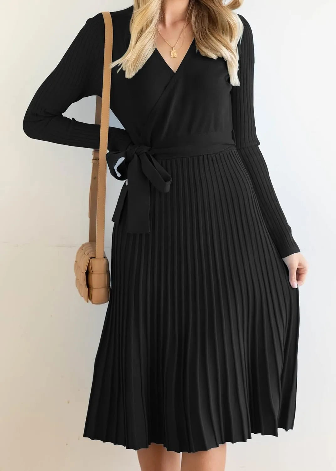 ZESICA Women's Fall Long Sleeve Wrap V Neck Ribbed Knit Pleated A Line Pullover Sweater Dress with Belt