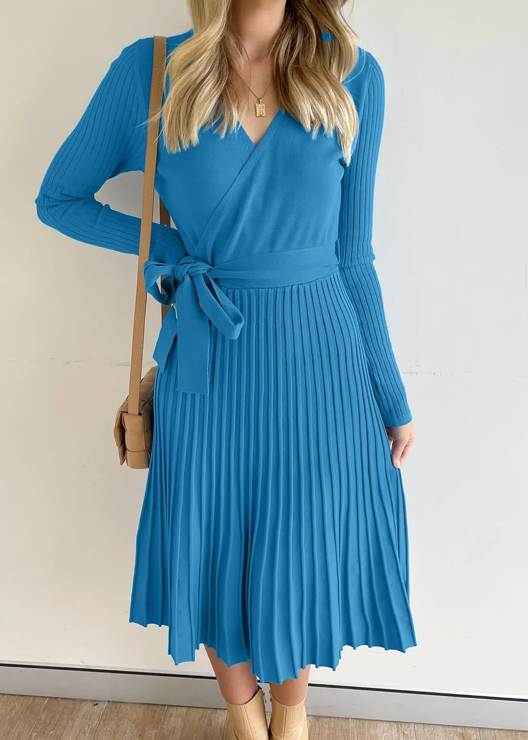 ZESICA Women's Fall Long Sleeve Wrap V Neck Ribbed Knit Pleated A Line Pullover Sweater Dress with Belt