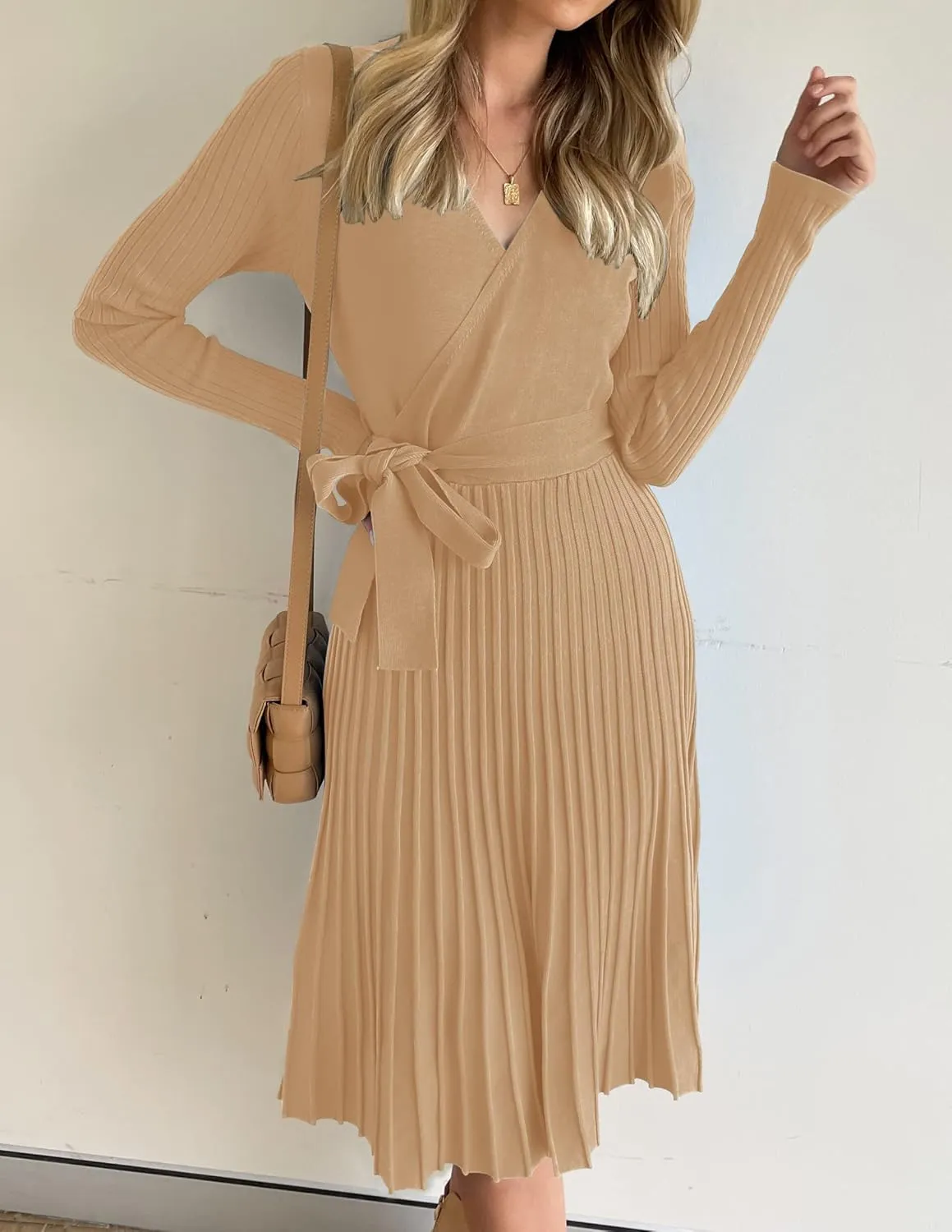 ZESICA Women's Fall Long Sleeve Wrap V Neck Ribbed Knit Pleated A Line Pullover Sweater Dress with Belt