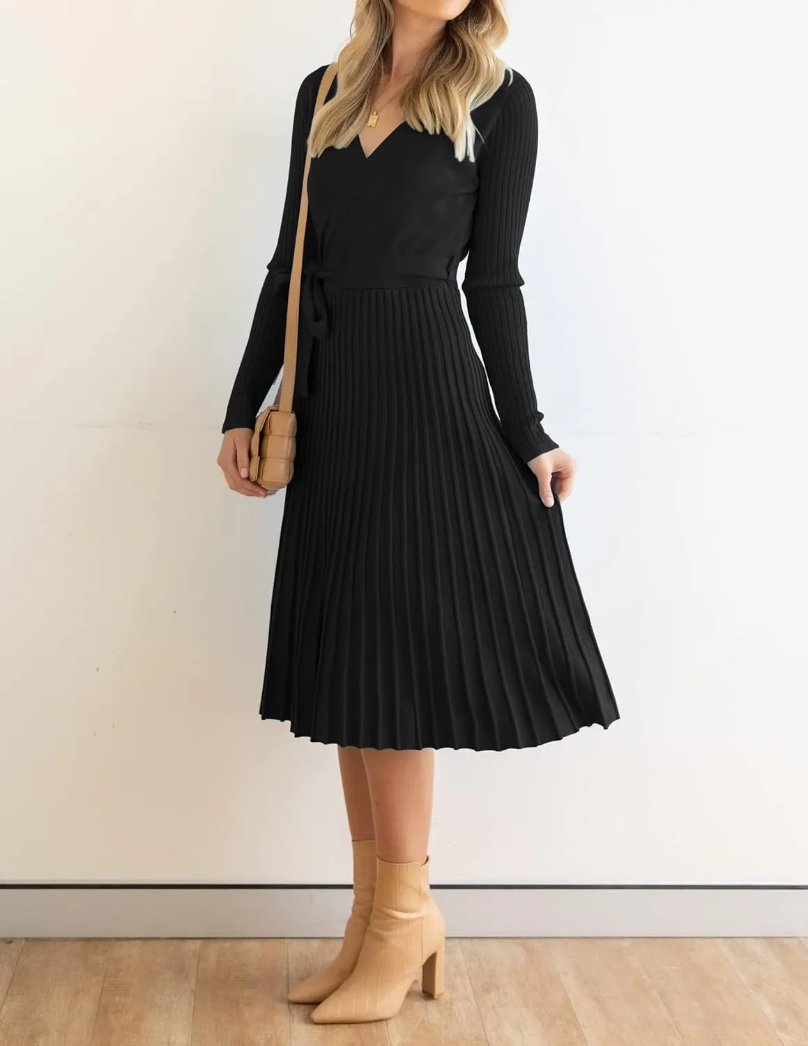 ZESICA Women's Fall Long Sleeve Wrap V Neck Ribbed Knit Pleated A Line Pullover Sweater Dress with Belt