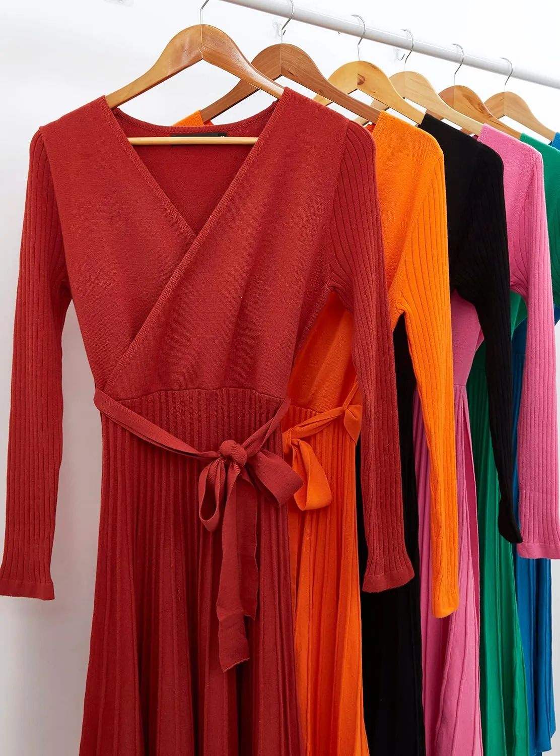 ZESICA Women's Fall Long Sleeve Wrap V Neck Ribbed Knit Pleated A Line Pullover Sweater Dress with Belt