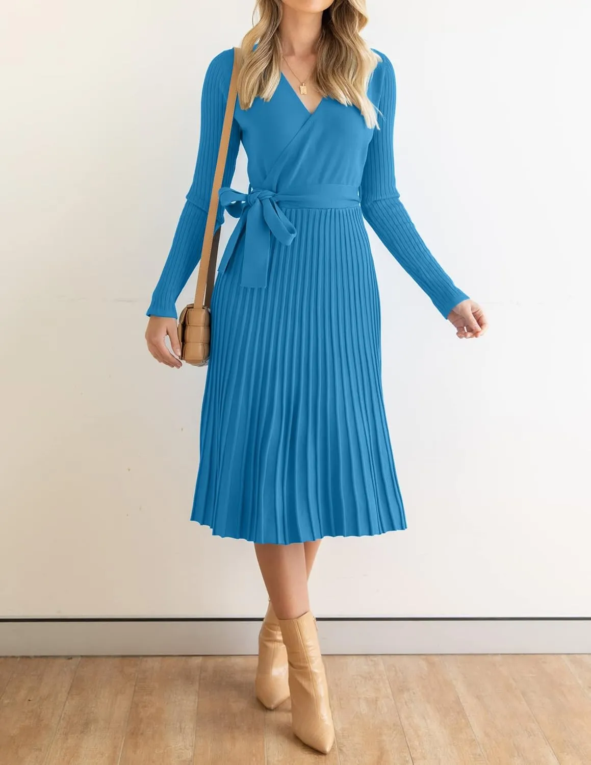 ZESICA Women's Fall Long Sleeve Wrap V Neck Ribbed Knit Pleated A Line Pullover Sweater Dress with Belt