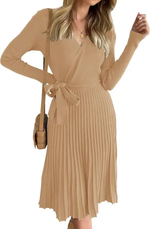 ZESICA Women's Fall Long Sleeve Wrap V Neck Ribbed Knit Pleated A Line Pullover Sweater Dress with Belt