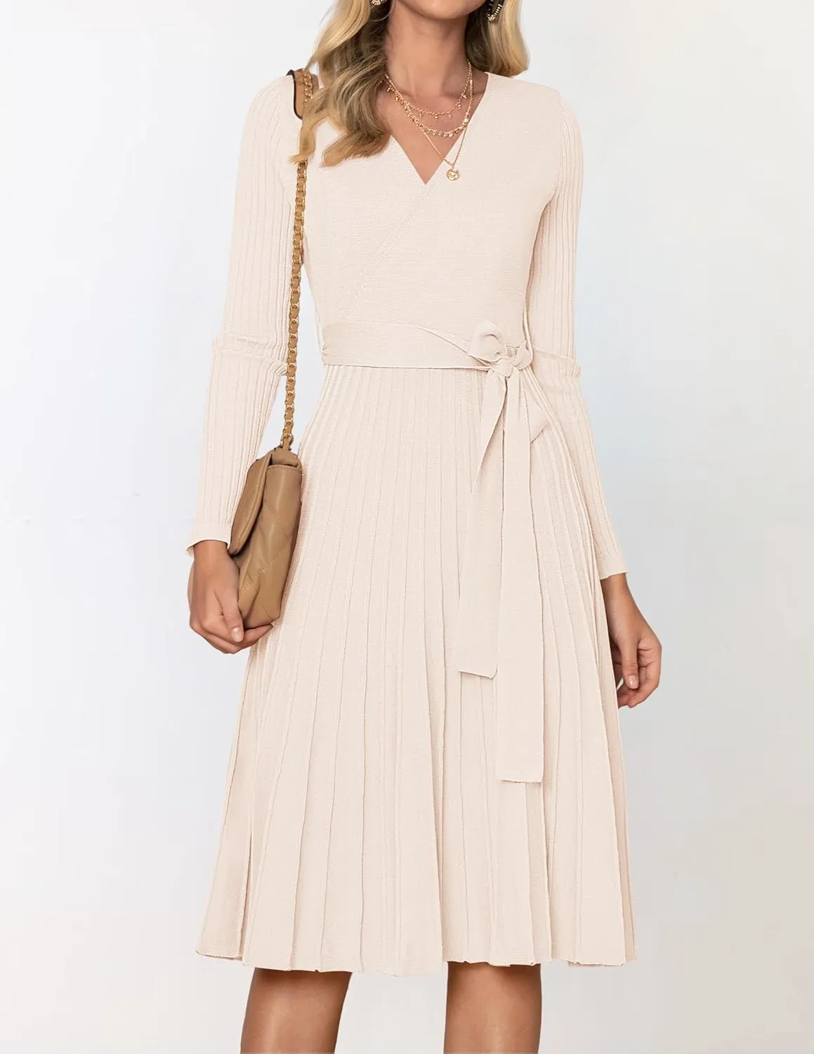 ZESICA Women's Fall Long Sleeve Wrap V Neck Ribbed Knit Pleated A Line Pullover Sweater Dress with Belt