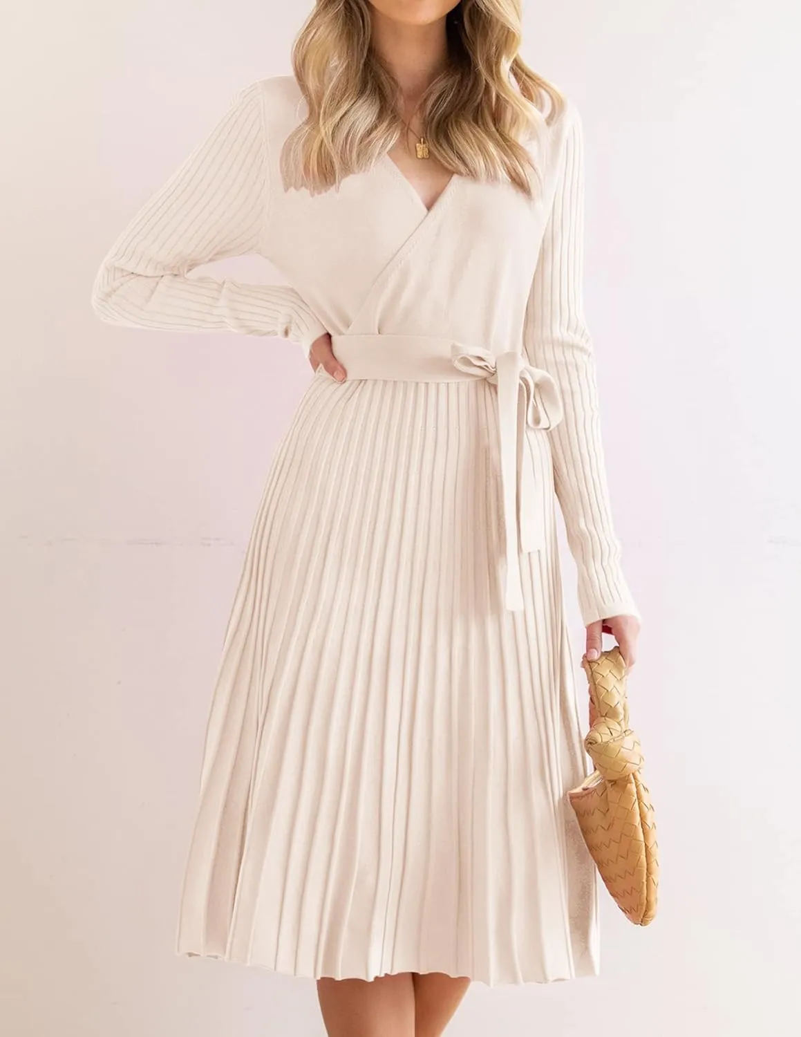 ZESICA Women's Fall Long Sleeve Wrap V Neck Ribbed Knit Pleated A Line Pullover Sweater Dress with Belt