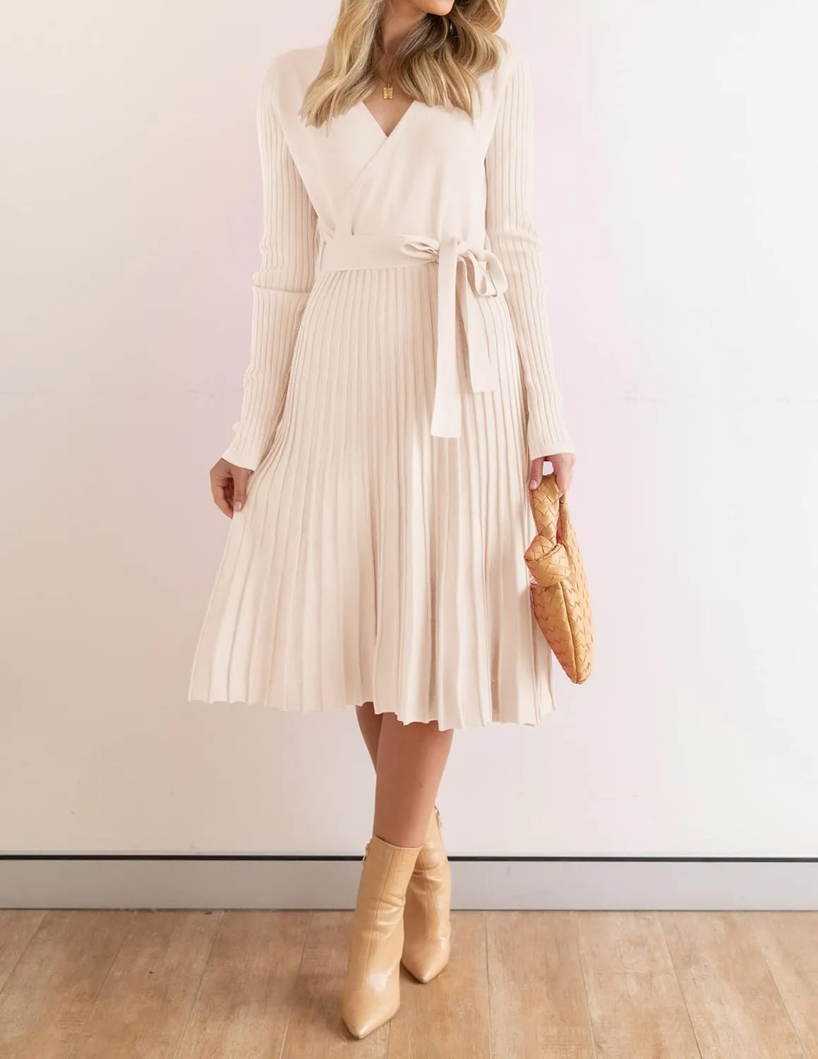 ZESICA Women's Fall Long Sleeve Wrap V Neck Ribbed Knit Pleated A Line Pullover Sweater Dress with Belt