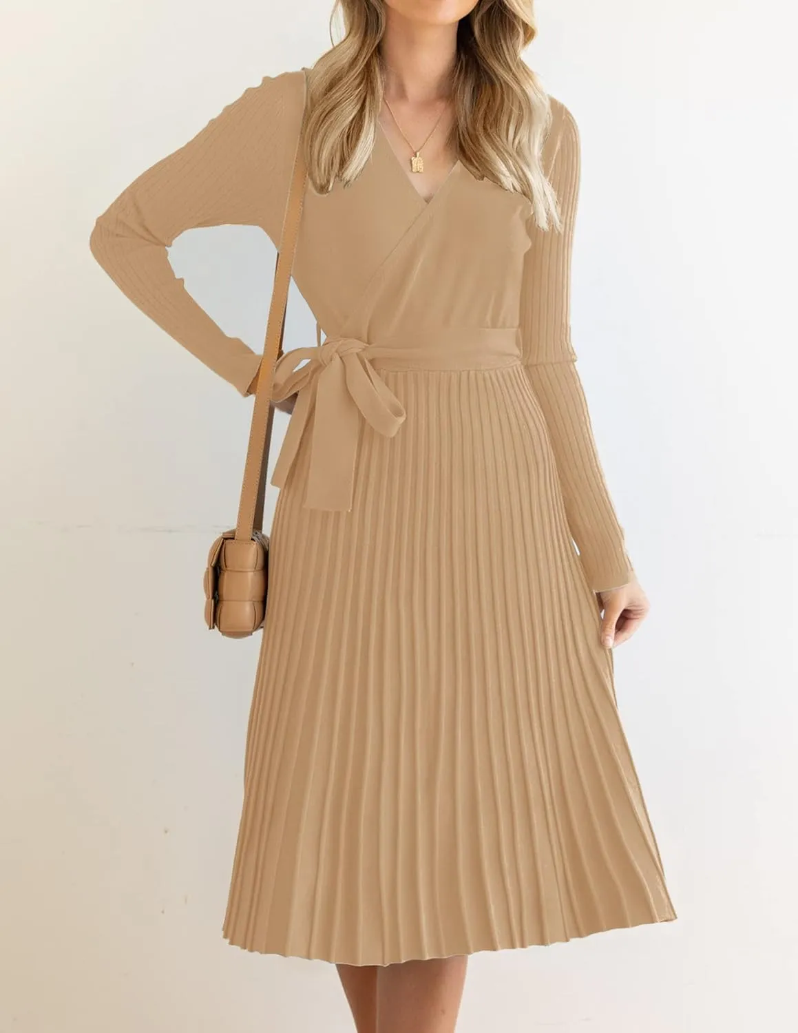 ZESICA Women's Fall Long Sleeve Wrap V Neck Ribbed Knit Pleated A Line Pullover Sweater Dress with Belt