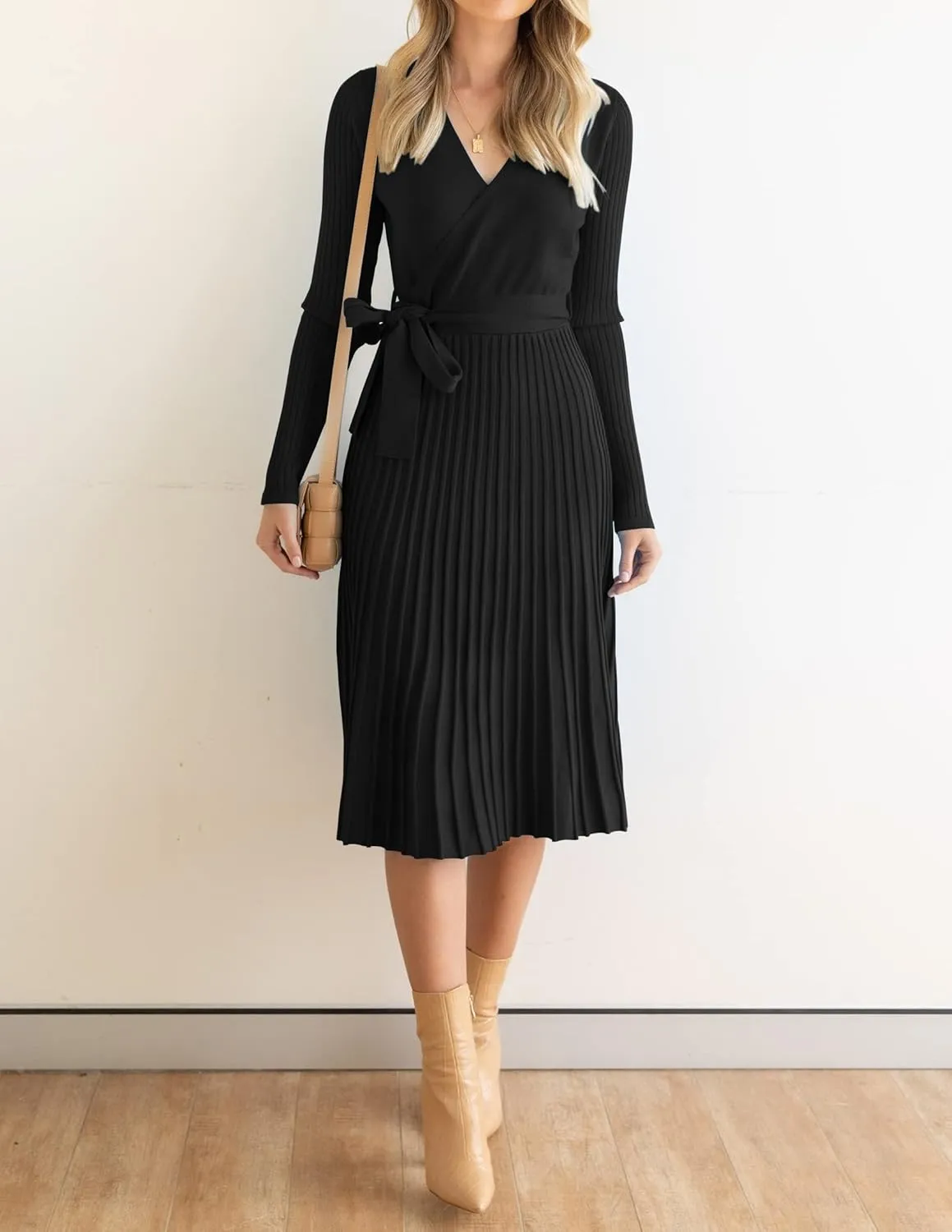 ZESICA Women's Fall Long Sleeve Wrap V Neck Ribbed Knit Pleated A Line Pullover Sweater Dress with Belt