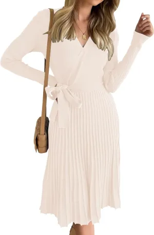 ZESICA Women's Fall Long Sleeve Wrap V Neck Ribbed Knit Pleated A Line Pullover Sweater Dress with Belt