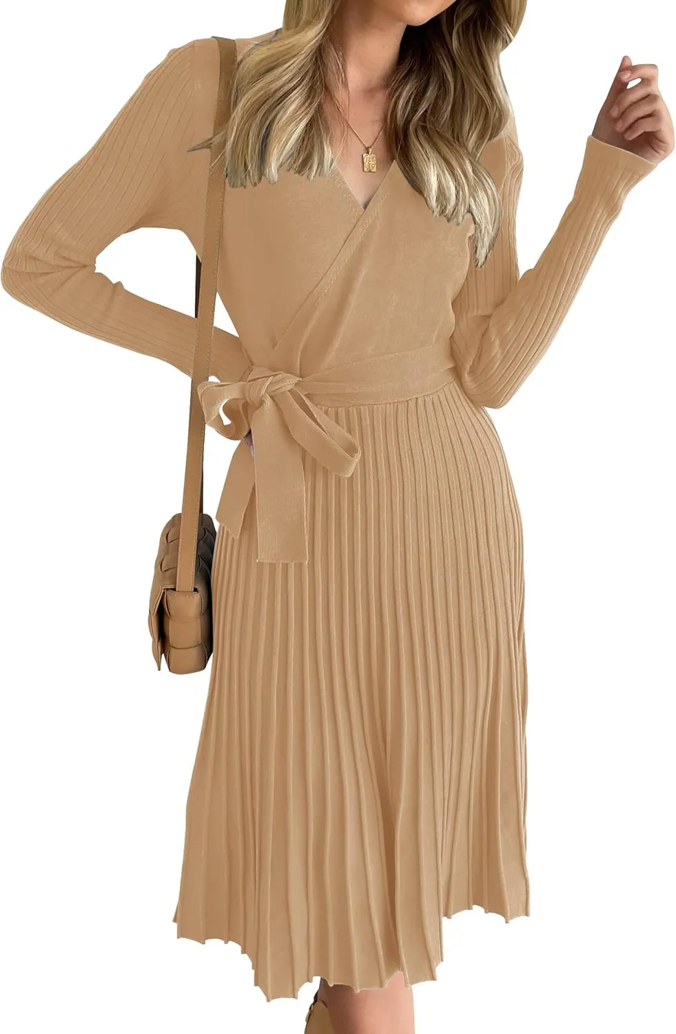 ZESICA Women's Fall Long Sleeve Wrap V Neck Ribbed Knit Pleated A Line Pullover Sweater Dress with Belt