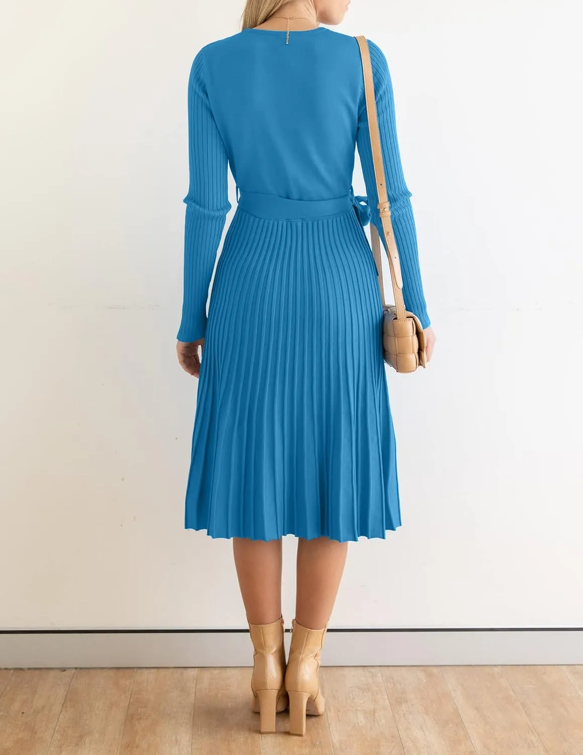 ZESICA Women's Fall Long Sleeve Wrap V Neck Ribbed Knit Pleated A Line Pullover Sweater Dress with Belt