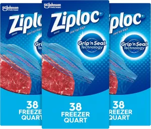 Ziploc Freezer Bags with New Grip 'n Seal Technology, Quart, 38 Count, Pack of 3 (114 Total Bags)