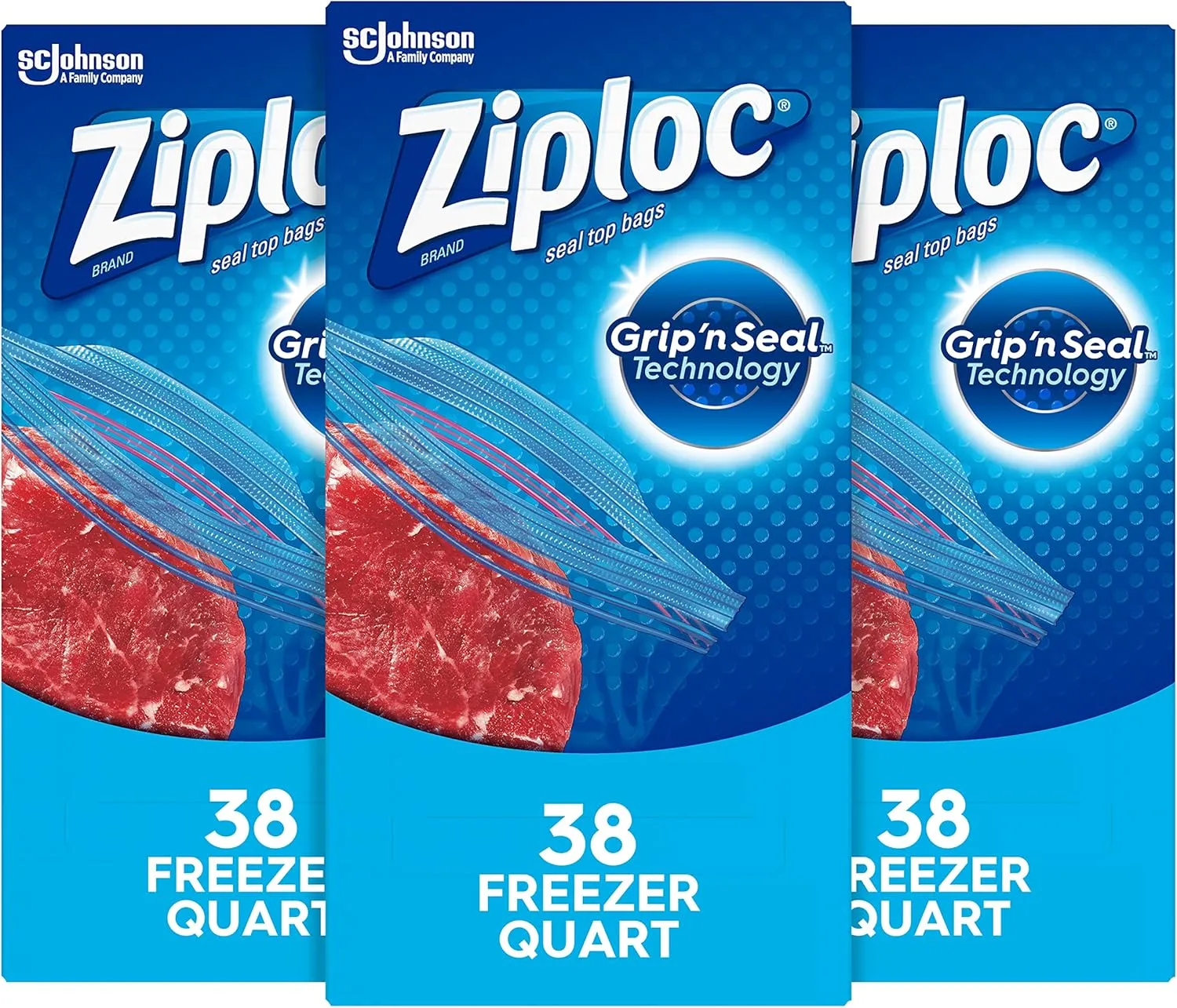 Ziploc Freezer Bags with New Grip 'n Seal Technology, Quart, 38 Count, Pack of 3 (114 Total Bags)