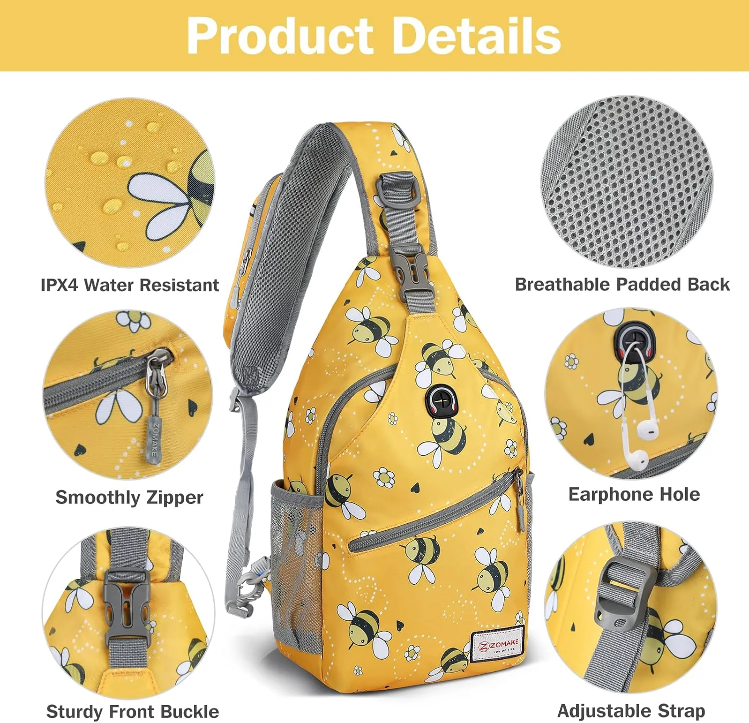 ZOMAKE Sling Bag for Women Men, Small Crossbody Sling Backpack, Mini Water Resistant Shoulder Daypack for Travel, Anti Thief Chest Bag for Hiking, Sports(Bee Yellow)