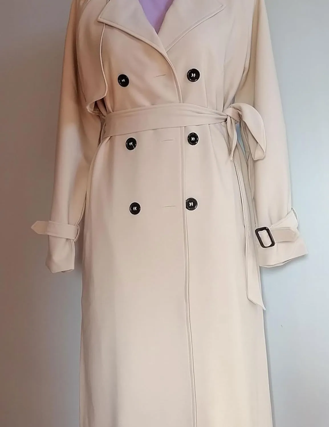 Zontroldy Women's Double Breasted Long Trench Coat Lapel Solid Color Windbreaker Jacket with Belt