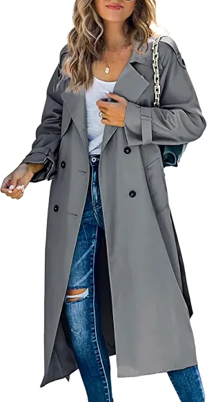 Zontroldy Women's Double Breasted Long Trench Coat Lapel Solid Color Windbreaker Jacket with Belt